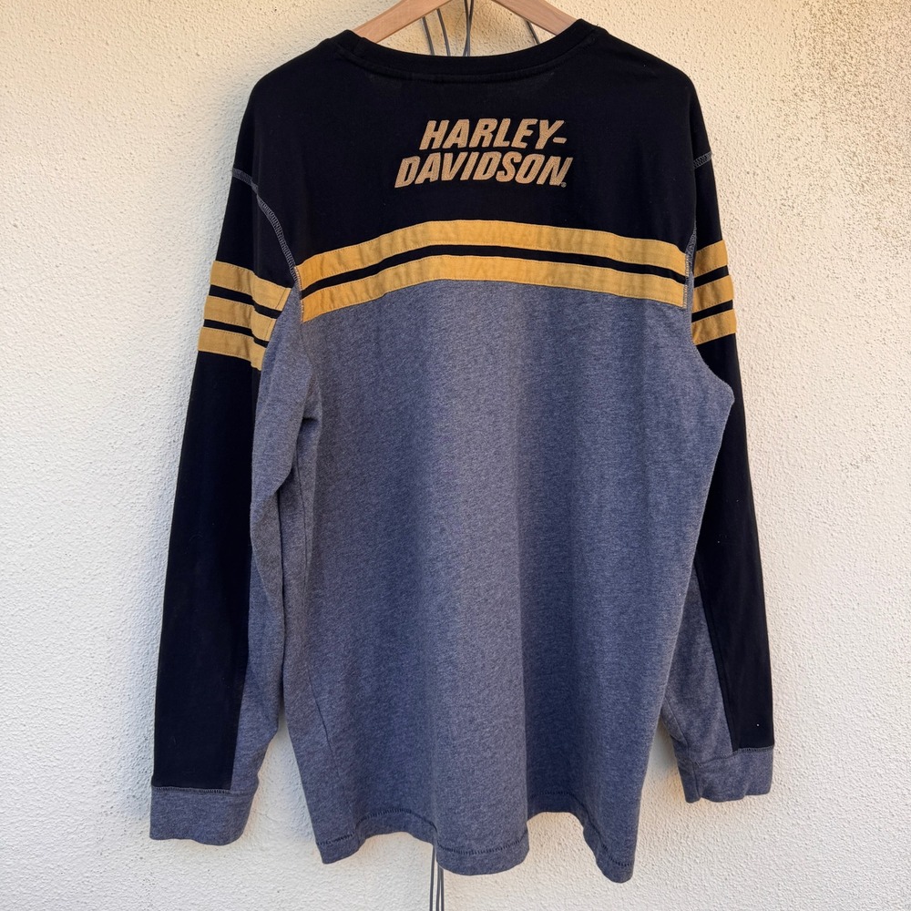 Harley Davidson Mens XL Long Sleeve Colorblock Shirt Black Gray Yellow Biker Tee